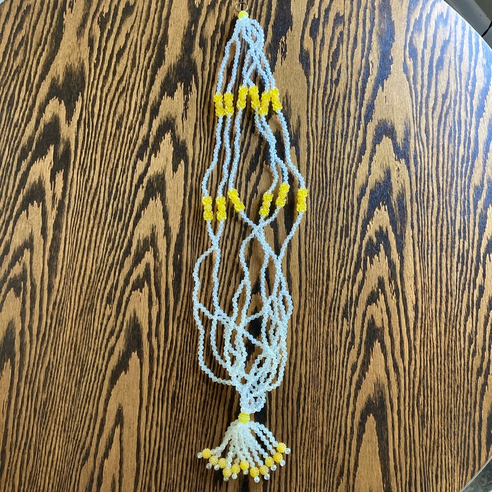 Vintage 70s MCM Boho Retro Clear Yellow Plastic Beaded Plant Hanger 37”